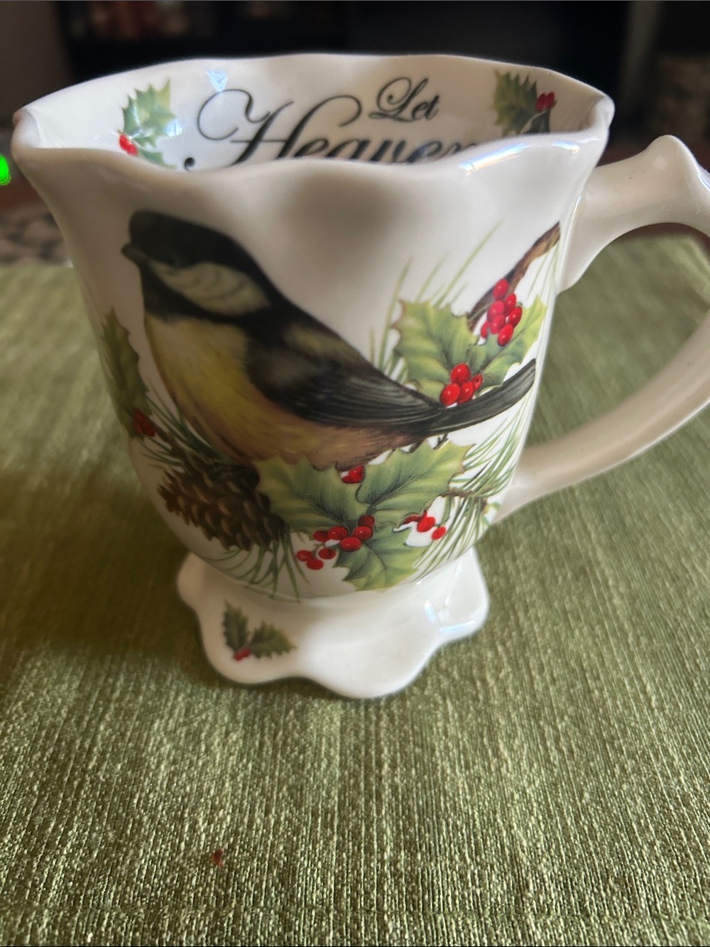 Cracker Barrel White Ceramic Holiday Bird Mug with Holly and Red Berries
